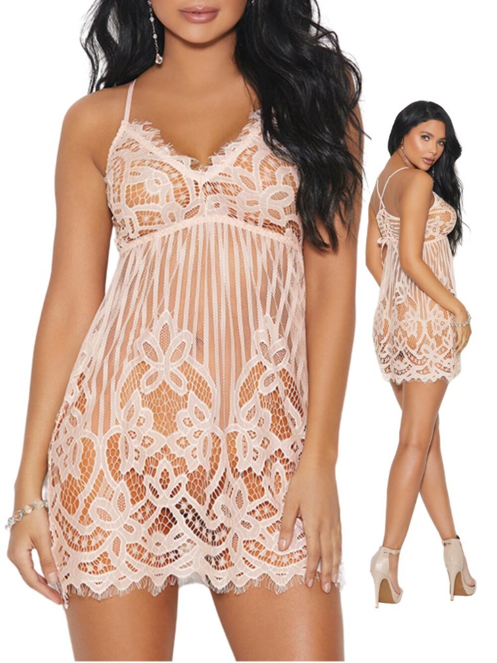 Eyelash Lace Chemise Lace Up Back Large - Picture 5 of 10